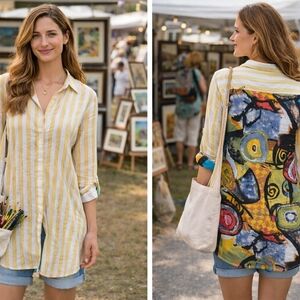 Shana Linen Blend Art Print Back Tunic Shirt Sz M Yellow Stripe Roll Tab Sleeve